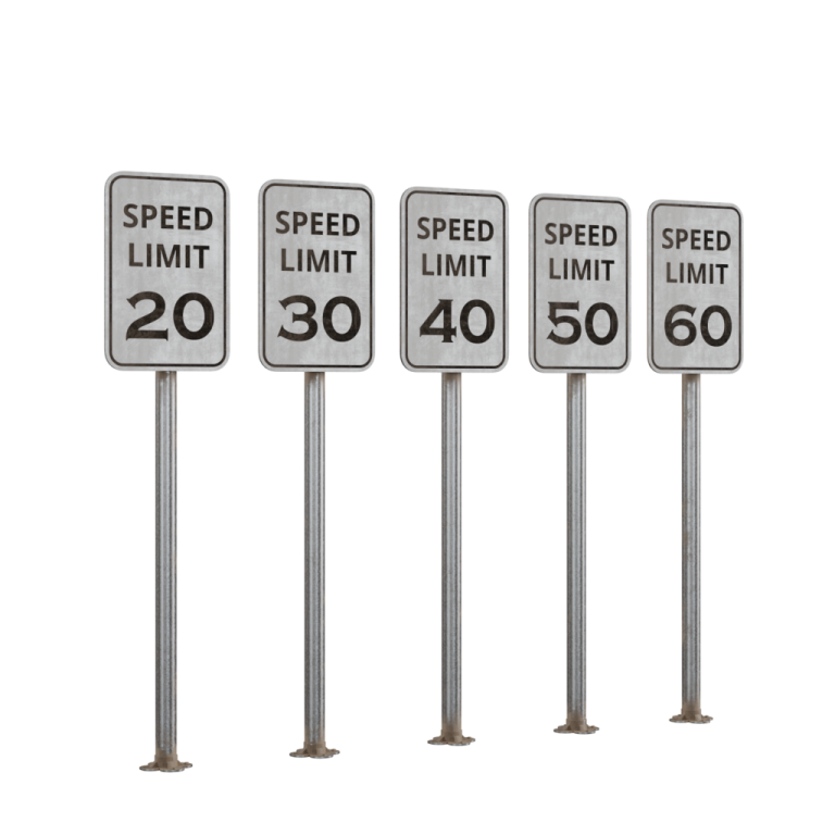 a set of three road signs on poles
