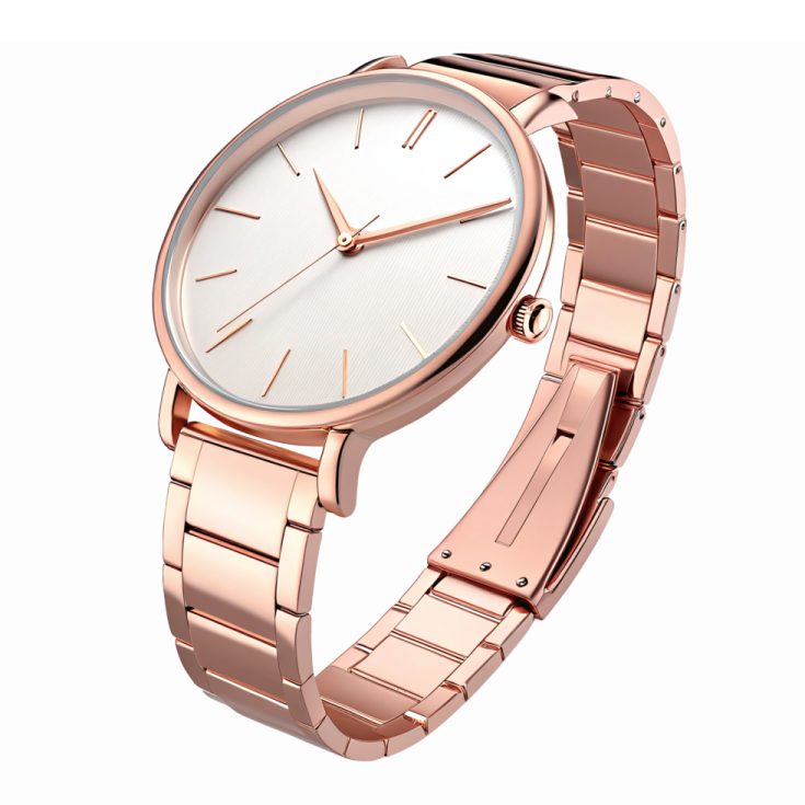 a rose gold watch on a white background