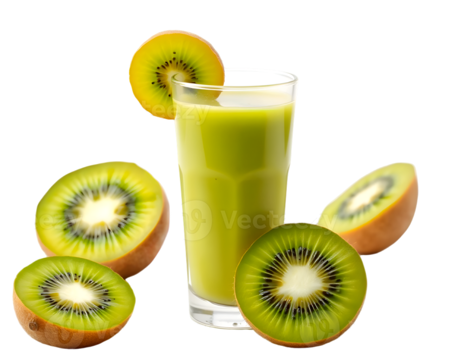 a glass of green smoothie with sliced kiwia