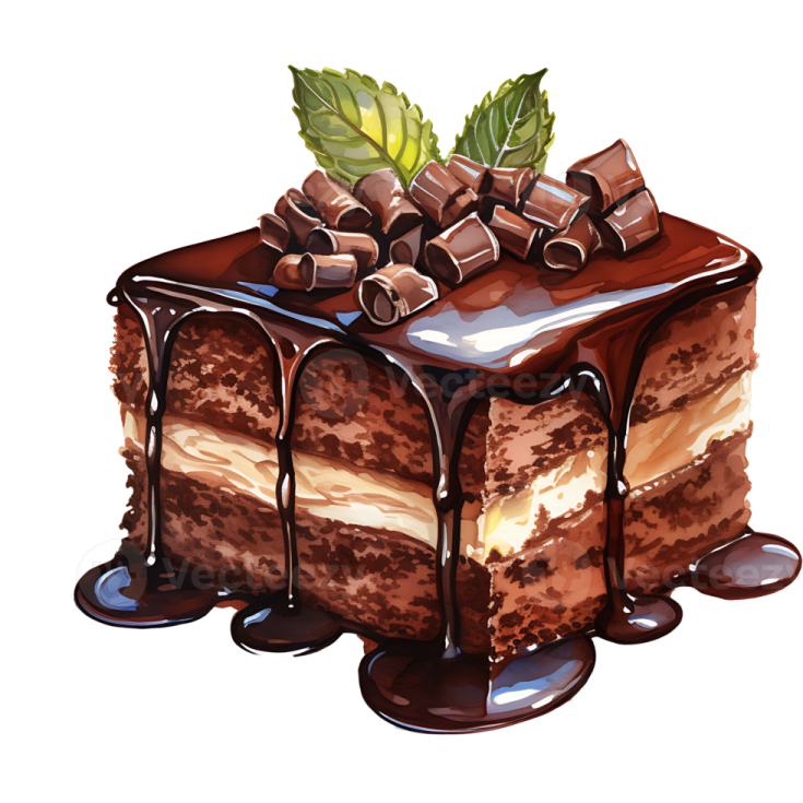 a piece of cake with chocolate and mint leaves