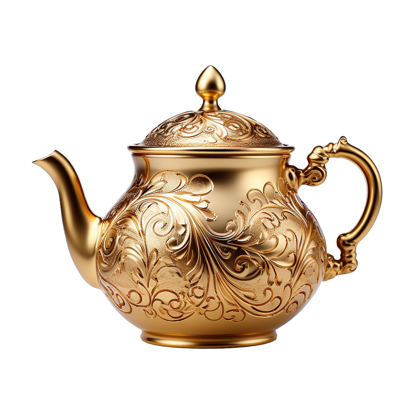 a gold teapot with an ornate design on it
