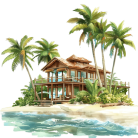 a house on the beach with palm trees