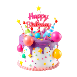 a birthday cake with candles and balloons on it