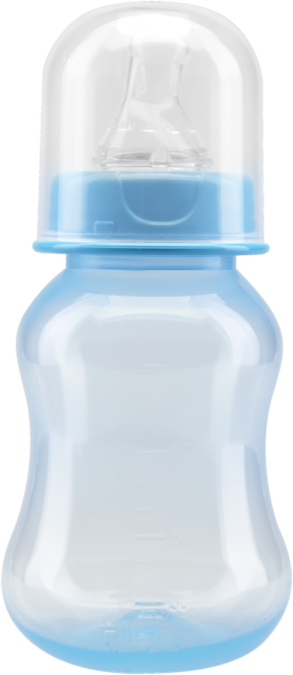 a blue and white baby bottle on a white background