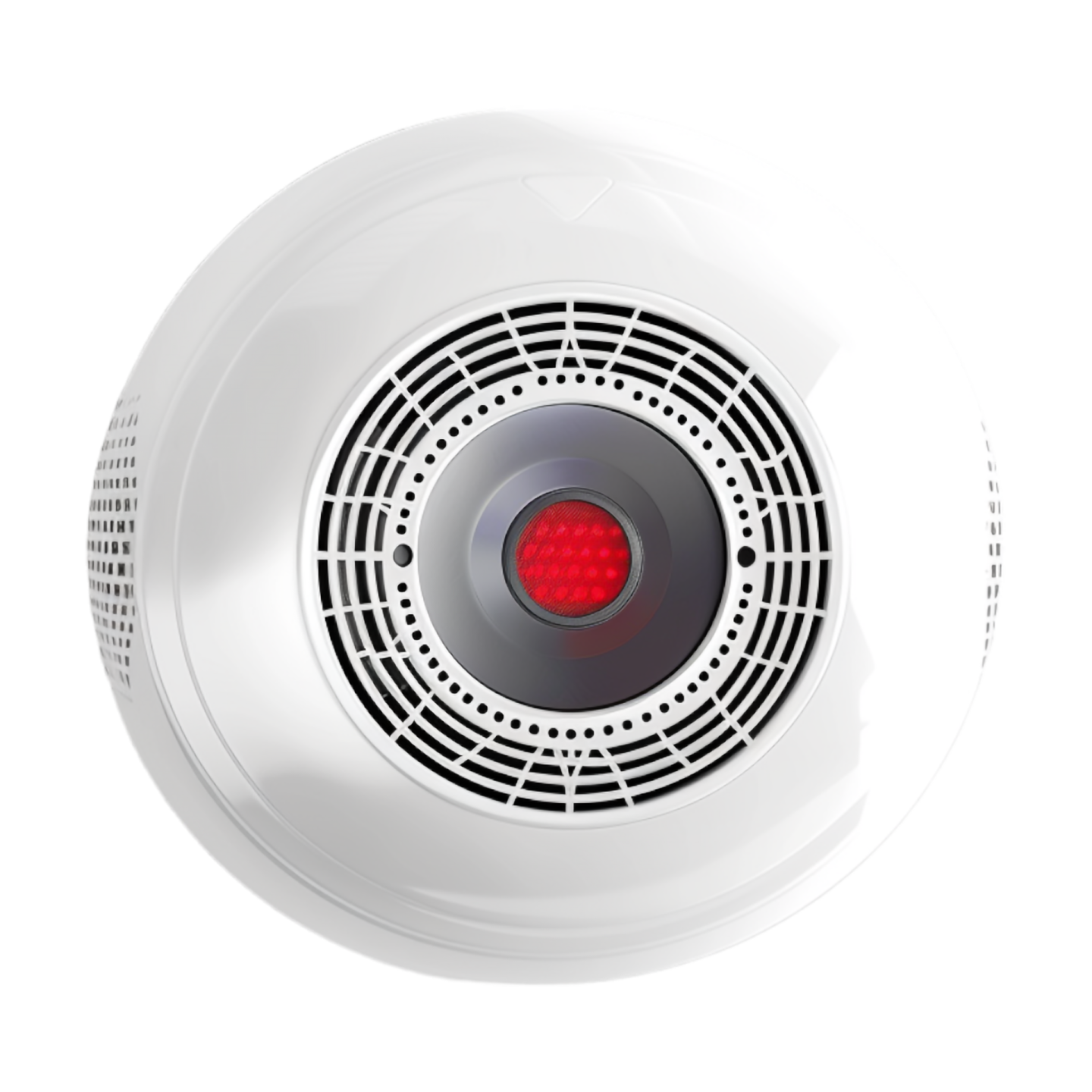 a white smoke detector with red light