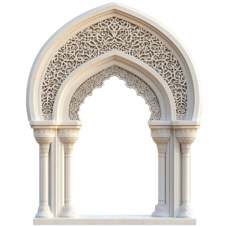 a white arch with carvings on it