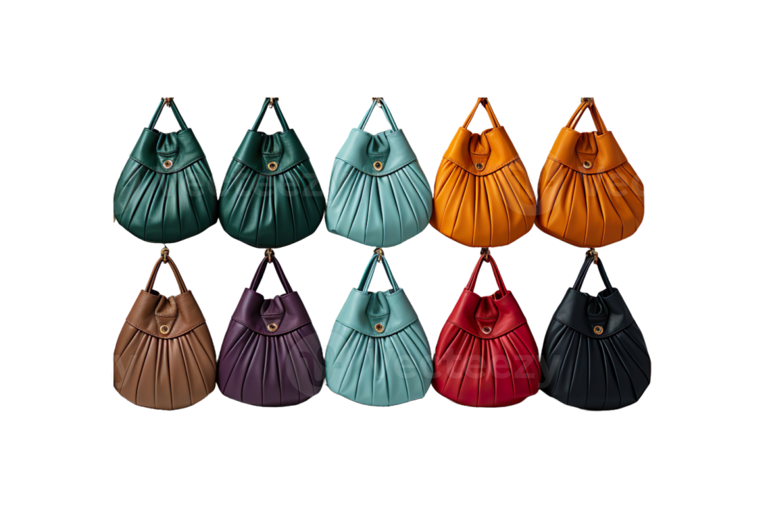 a row of different colored leather bags