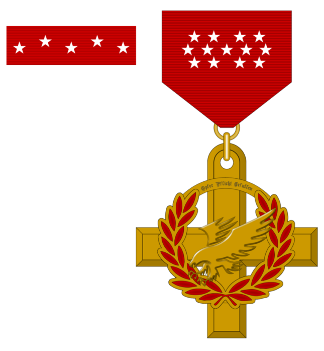 a gold medal with red and white stars on it