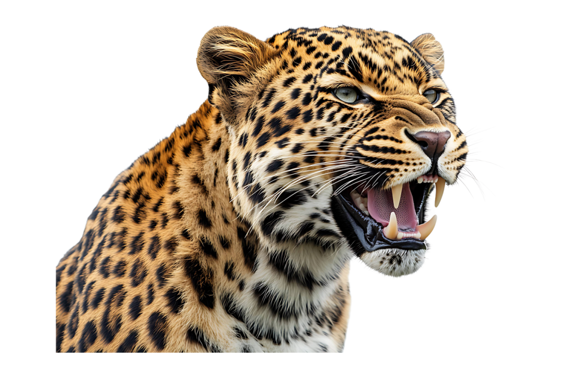 a close up of a leopard with its mouth open