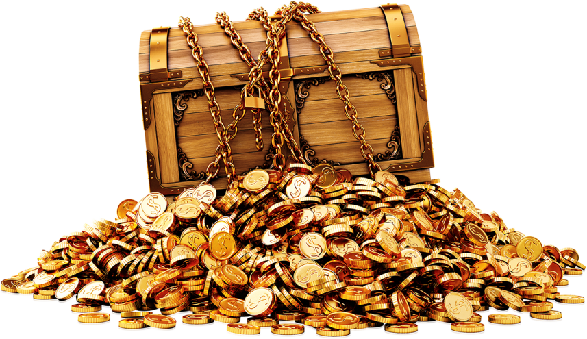 a wooden chest filled with gold coins
