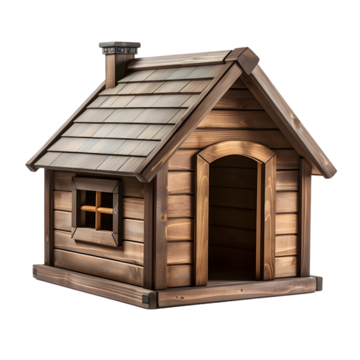 a wooden dog house with a metal roof
