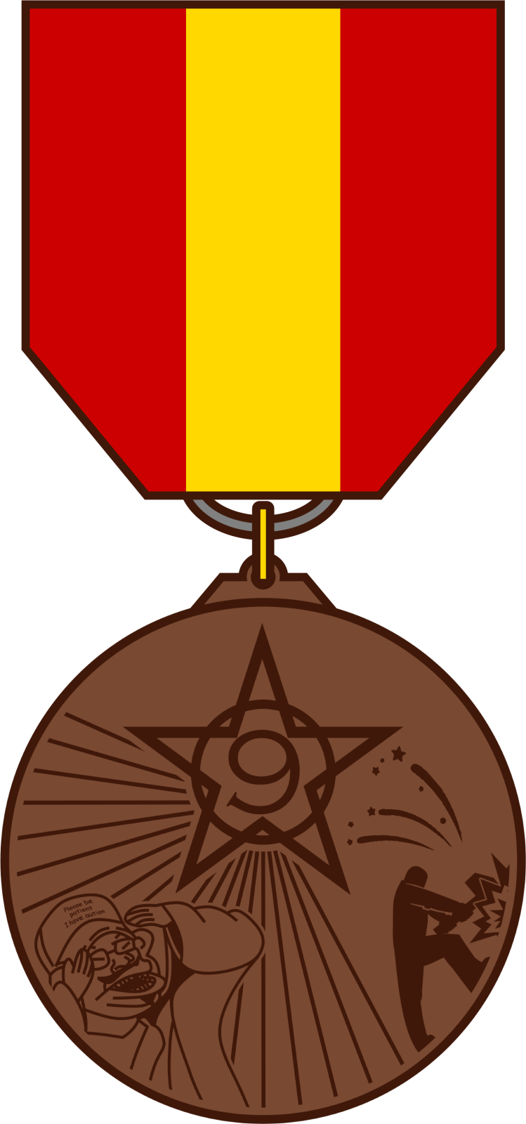 a medal with a red, yellow and yellow ribbon