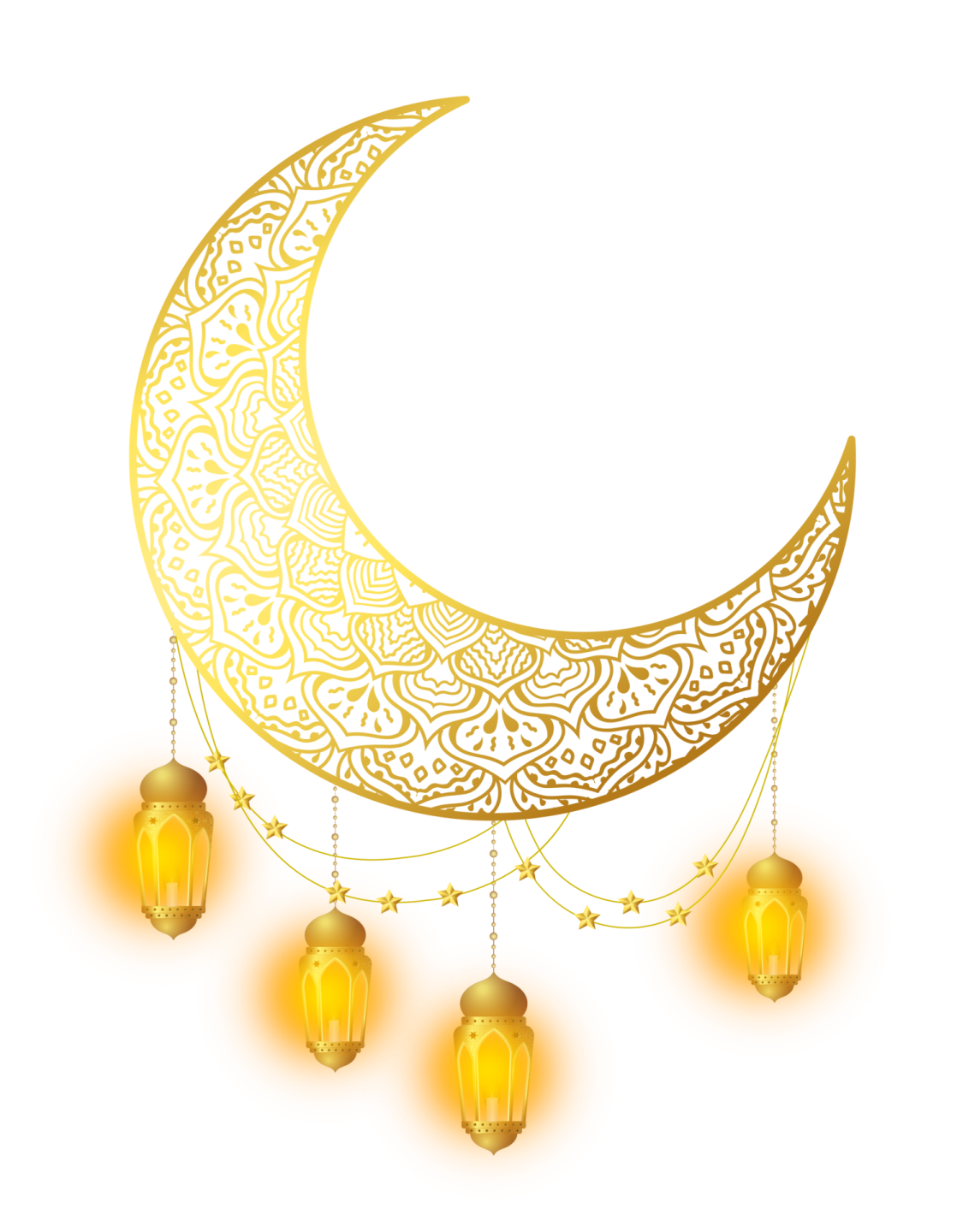 a crescent with lanterns hanging from it
