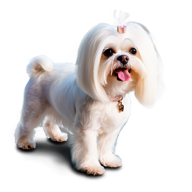 a small white dog standing on a white surface