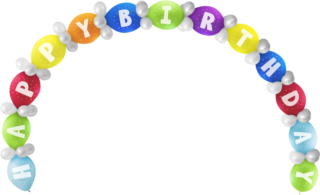 a birthday arch with balloons and the word happy
