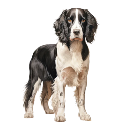 a black and white dog standing in front of a white background