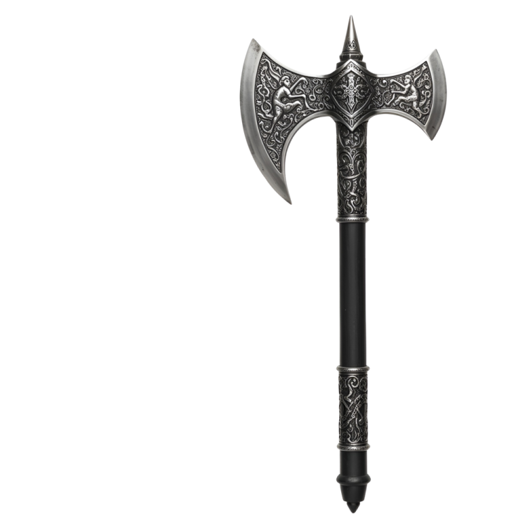 a black and white axe with an ornate design on it