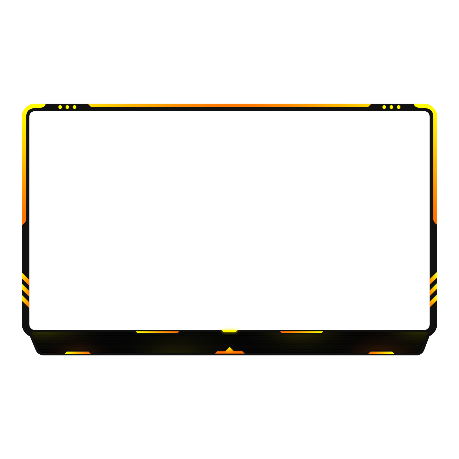 a black and yellow laptop with a white screen