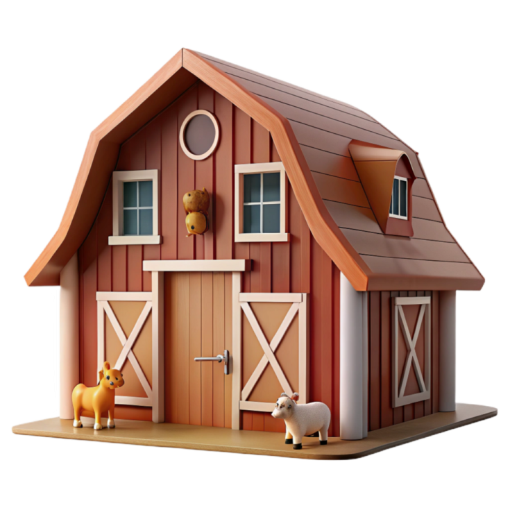 a wooden toy barn with two doors and windows