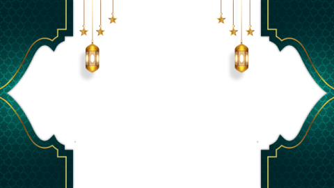 a green background with gold ornaments and a white banner