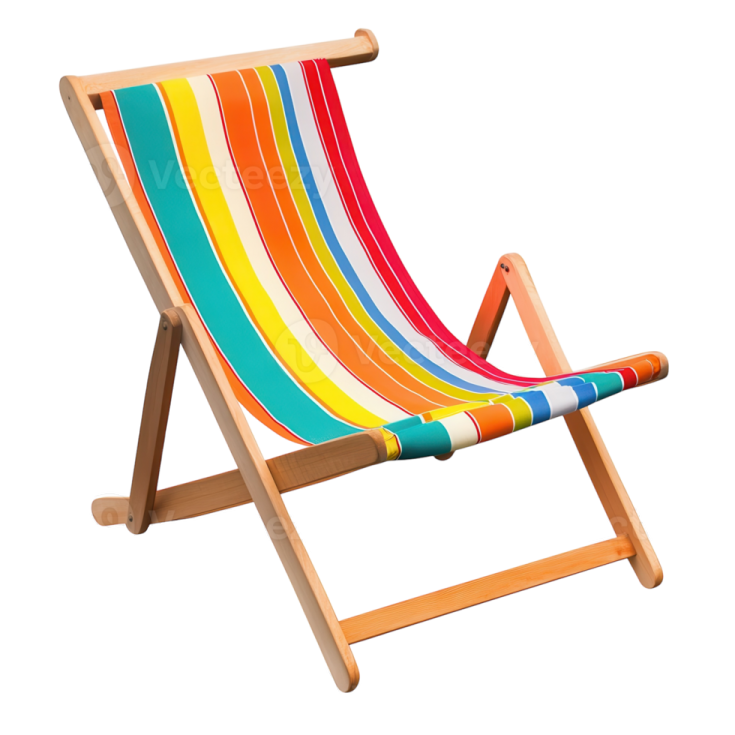 a wooden deck chair with colorful stripes