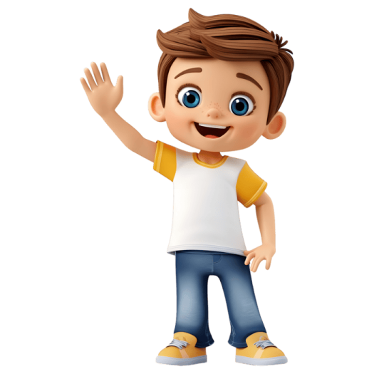 a cartoon boy with brown hair and blue jeans