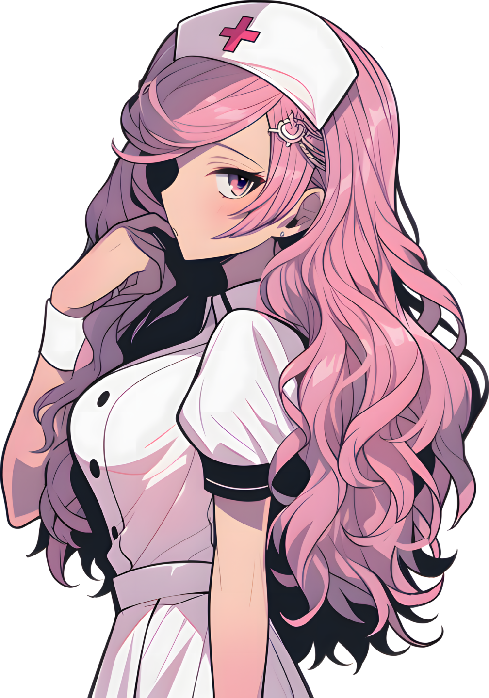 an anime girl with long pink hair and a nurse's cap
