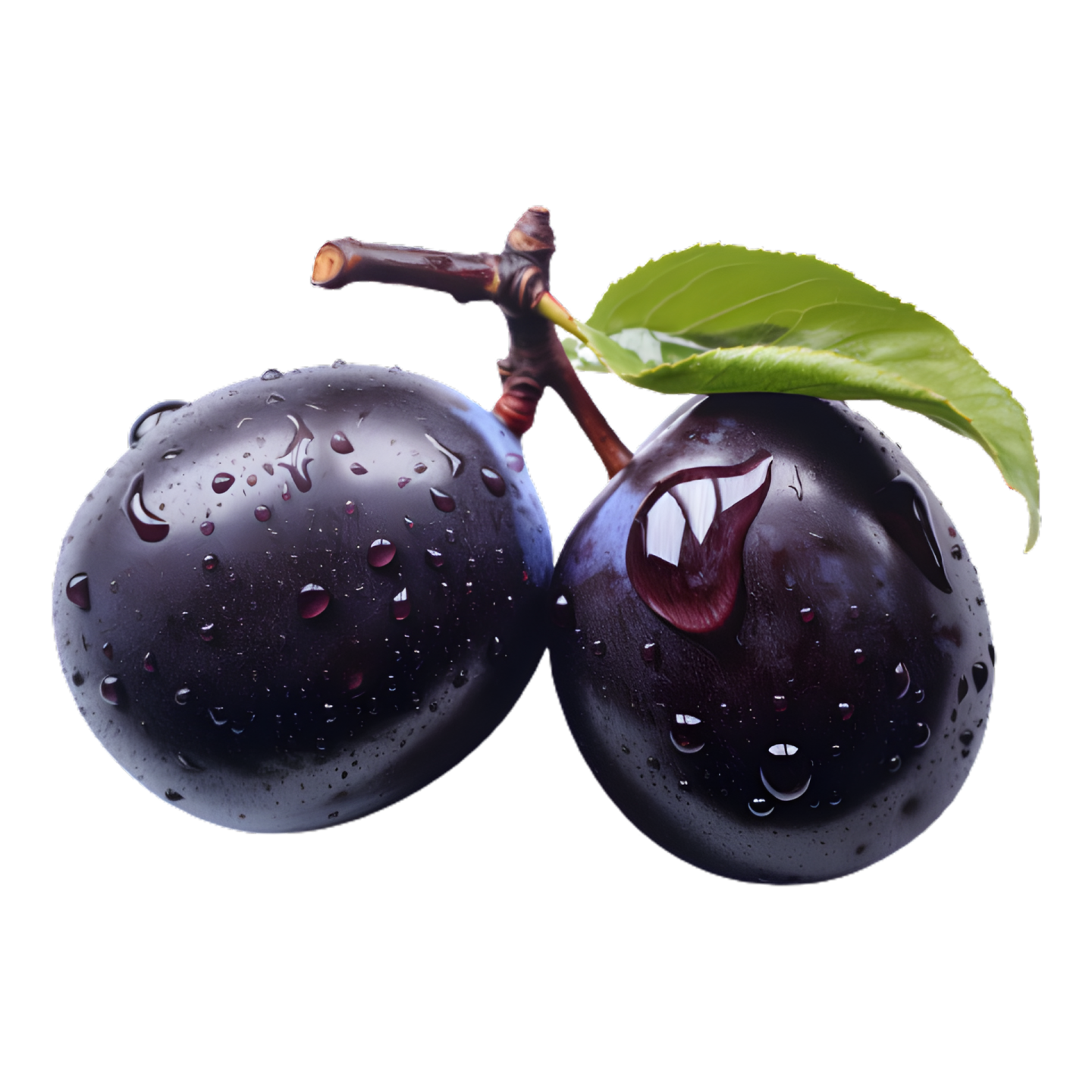two plums with water drops on them