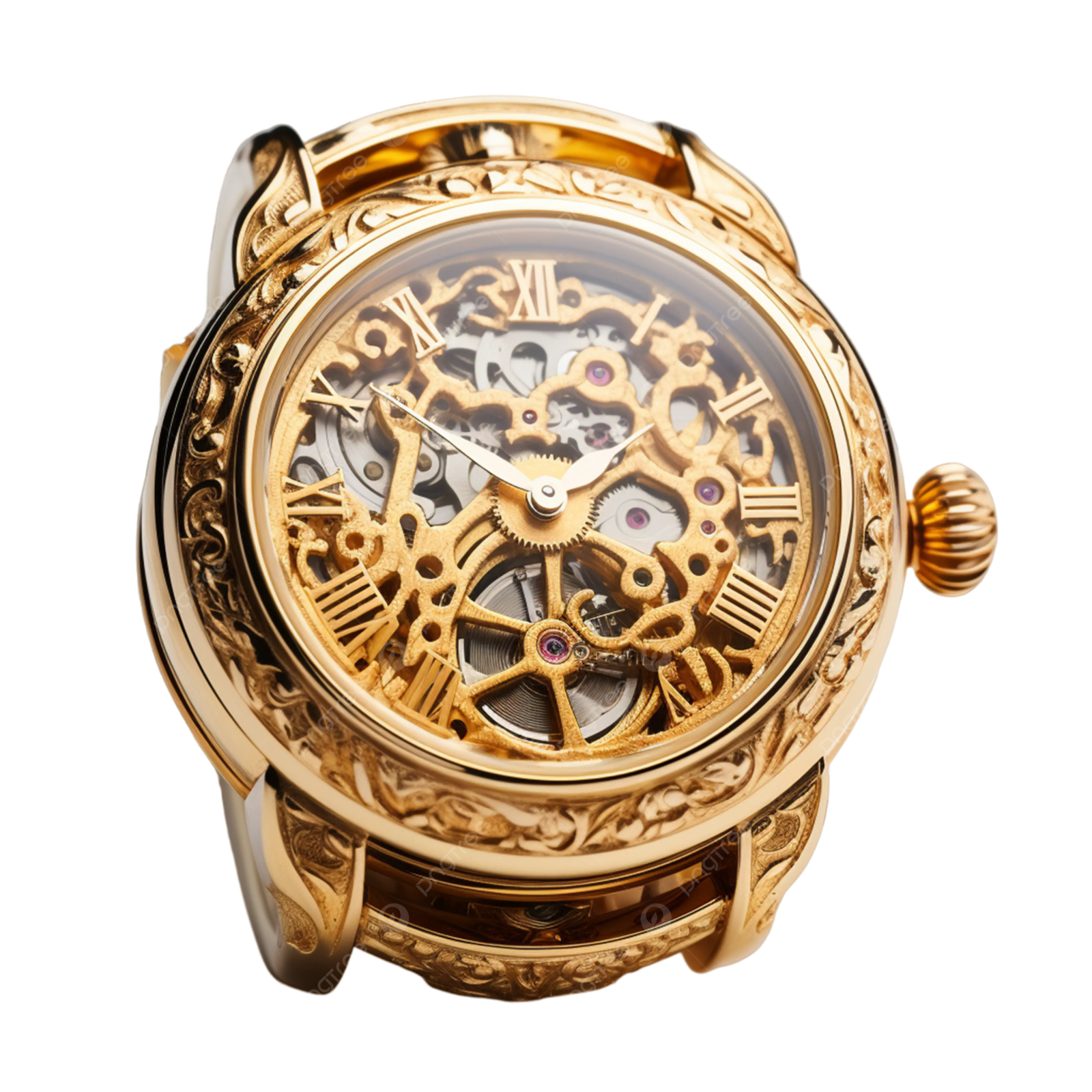 a gold watch with gears on the dial