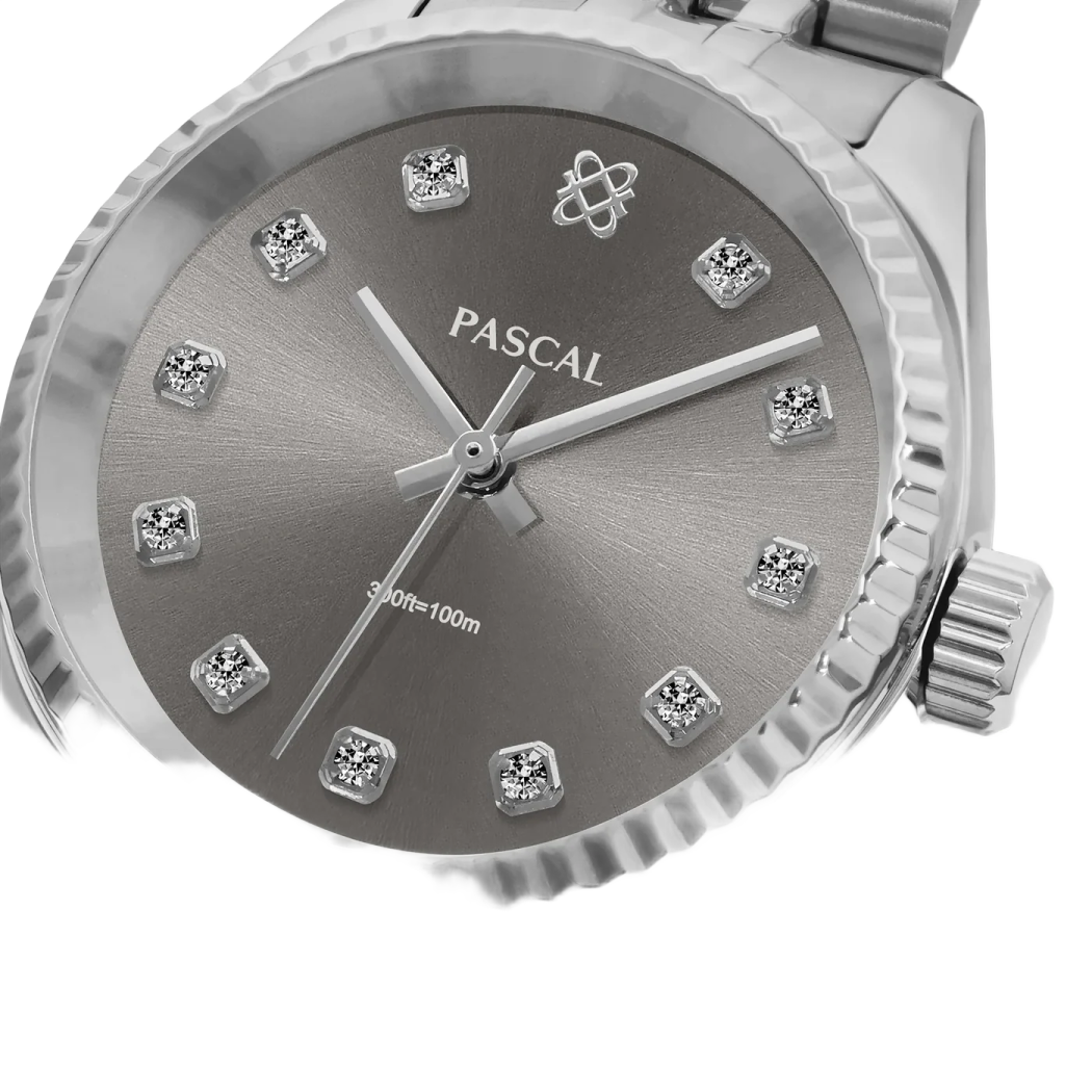 a silver watch with diamonds on the face
