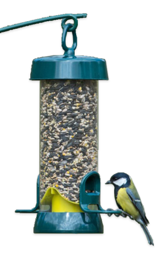 a bird feeder with two birds on it
