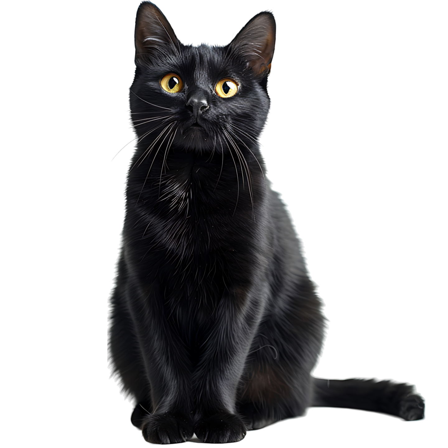 a black cat with yellow eyes sitting down