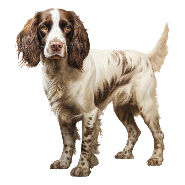 a brown and white dog standing on a white background