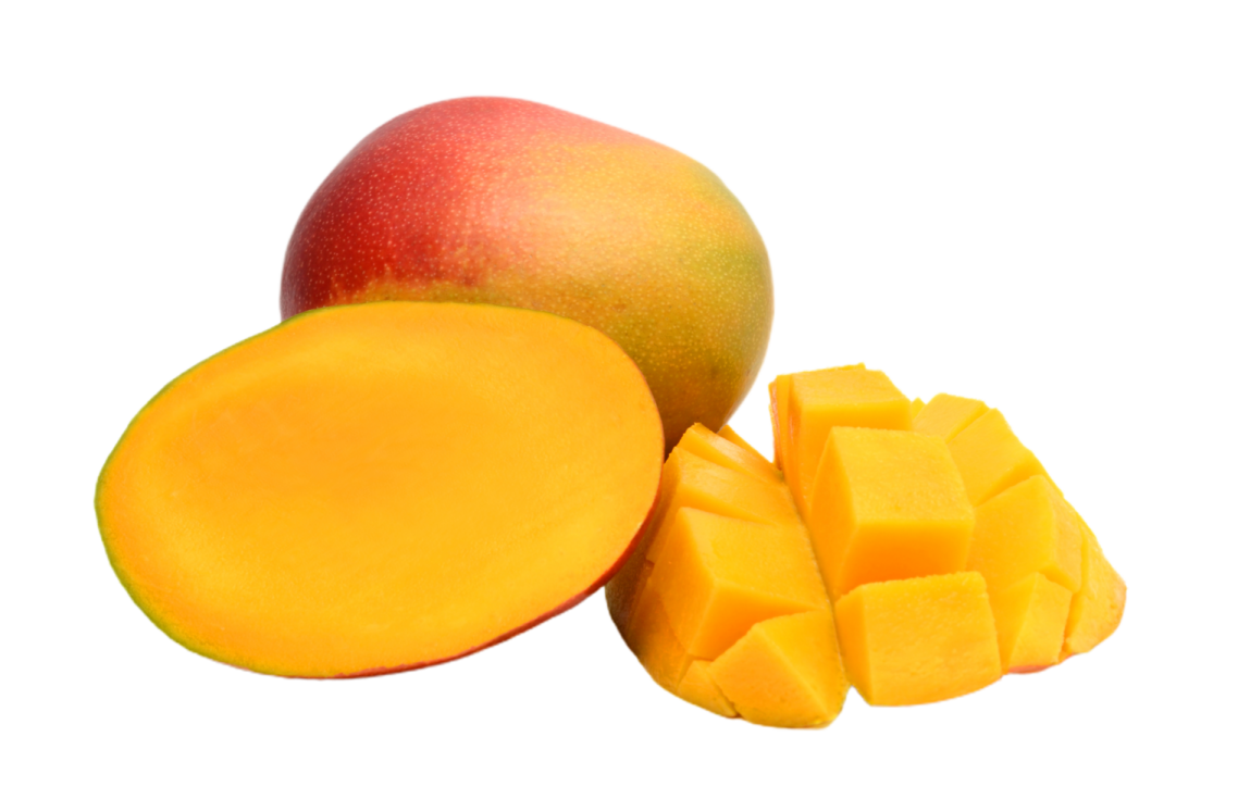 a mango and sliced mango on a white background