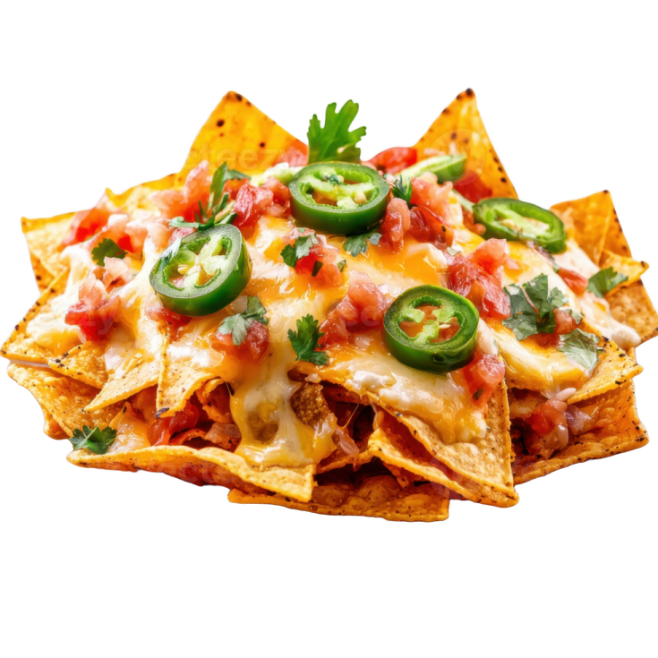 a plate of nachos topped with cheese and salsa sauce