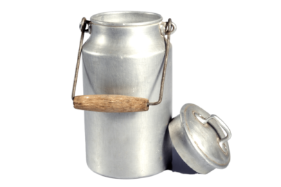 a metal canister with a wooden handle