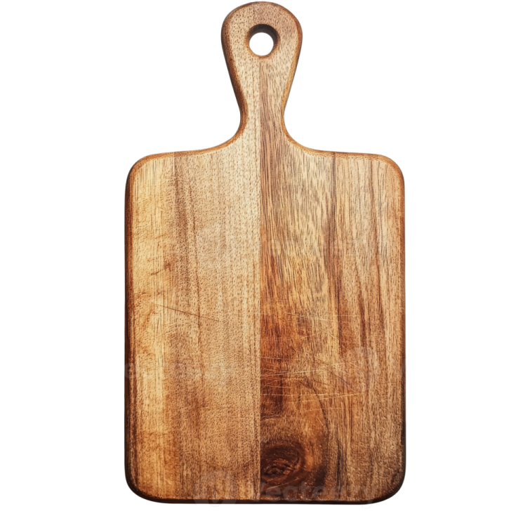 a wooden cutting board on a white background
