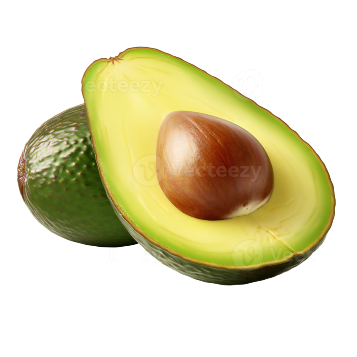 an avoca fruit cut in half on a white background