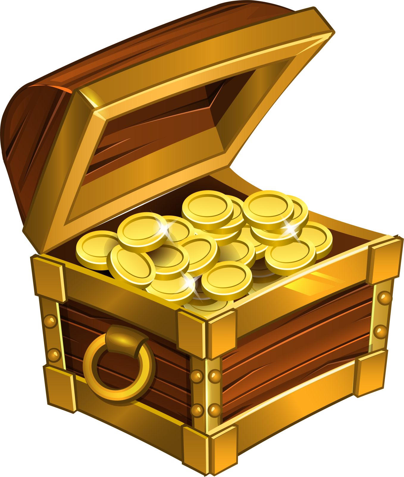 a wooden chest filled with gold coins