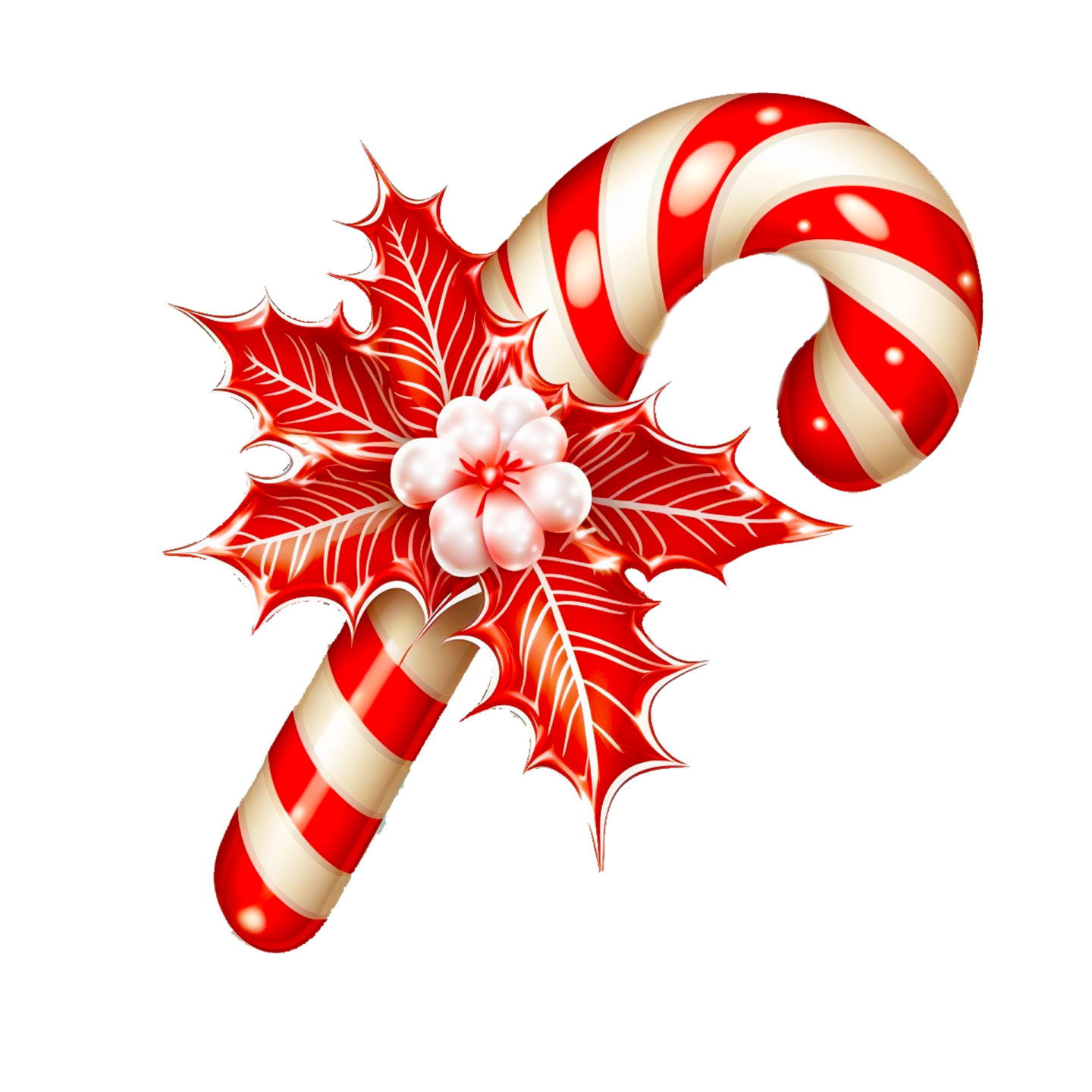 a candy cane with holly leaves and candy