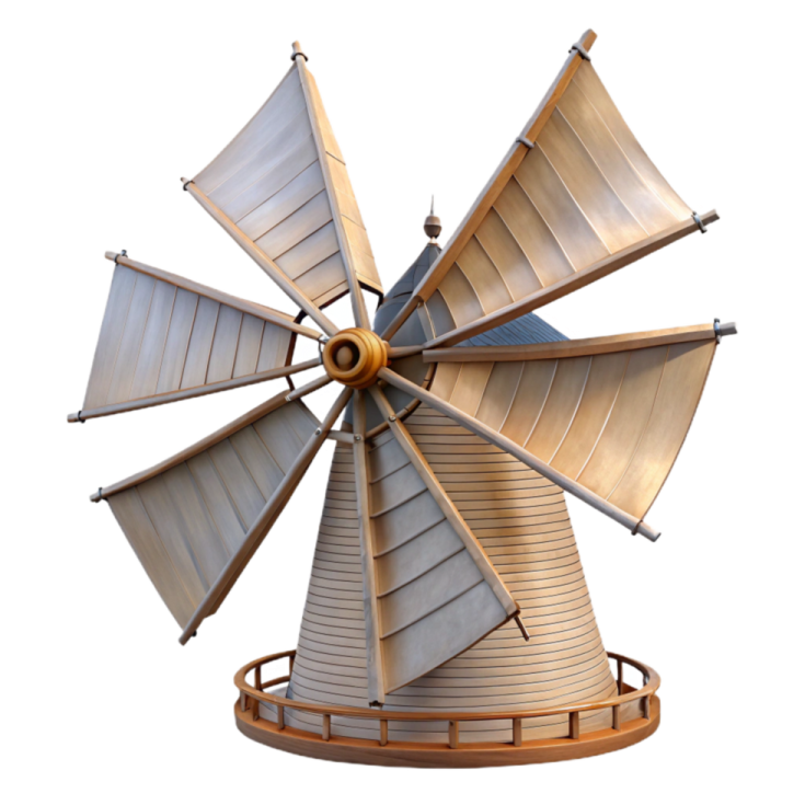 a metal windmill on a wooden stand