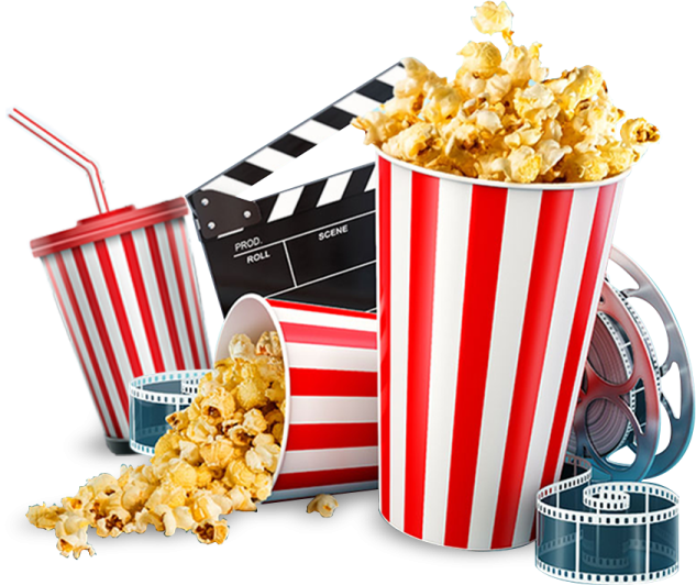 a popcorn bucket and film reels