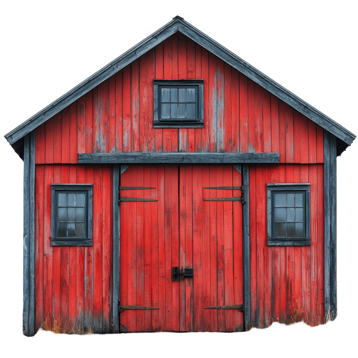 a red barn with two windows and a door