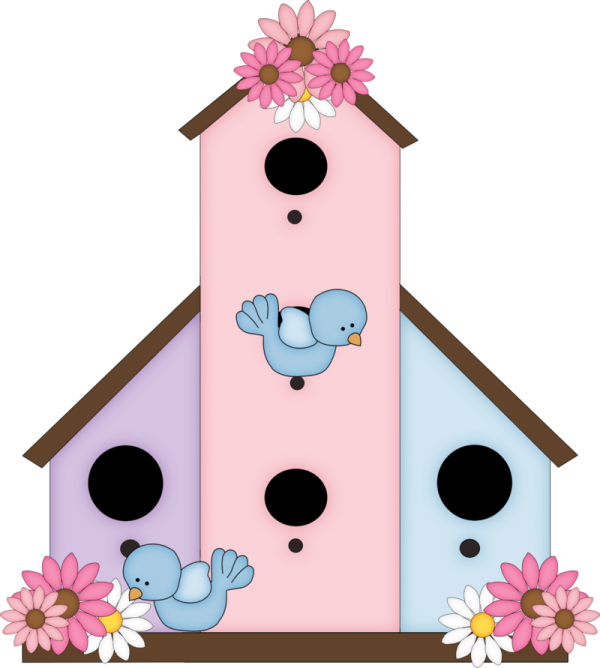 a bird house with two birds and flowers