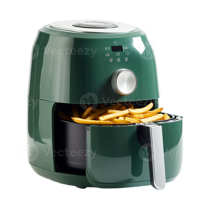 a green air fryer with french fries in it