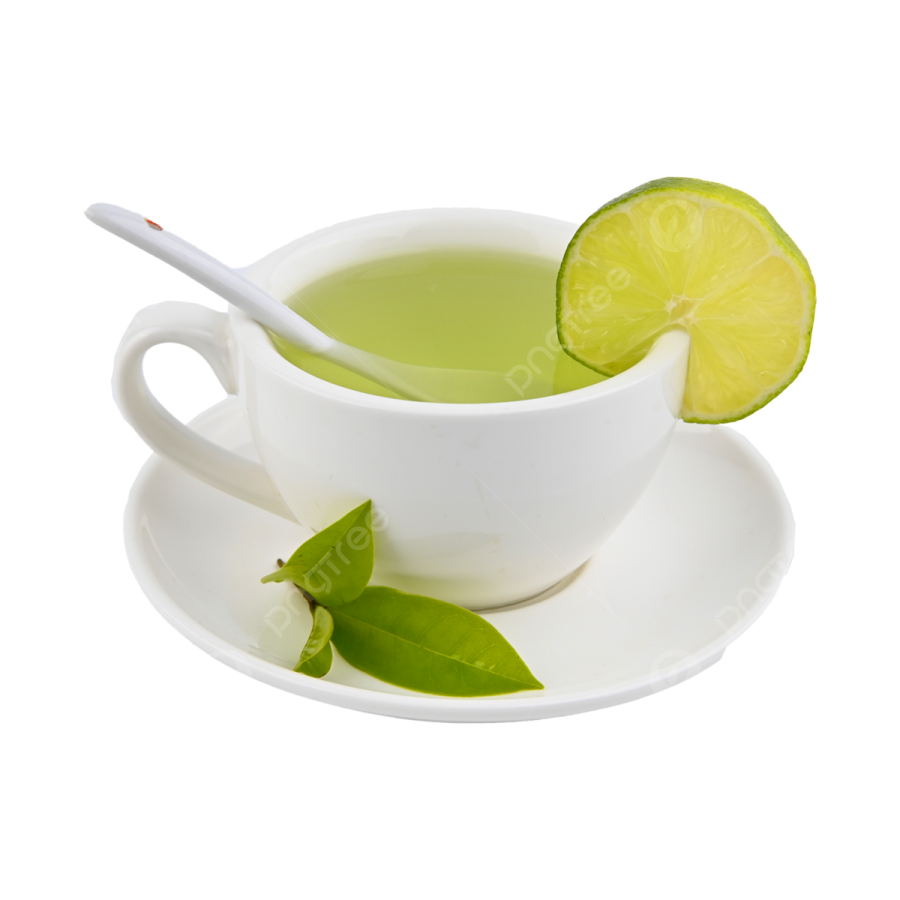 a cup of green tea with a slice of lime