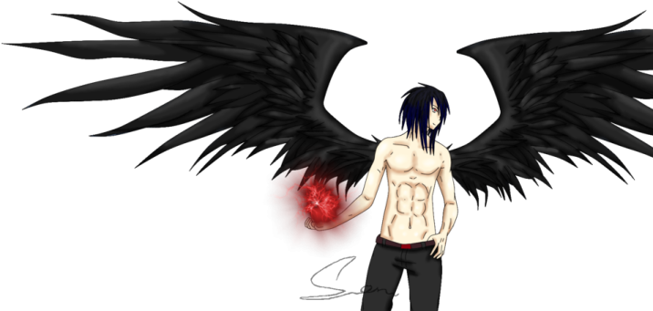 an anime character with black wings and a red ball in his hand
