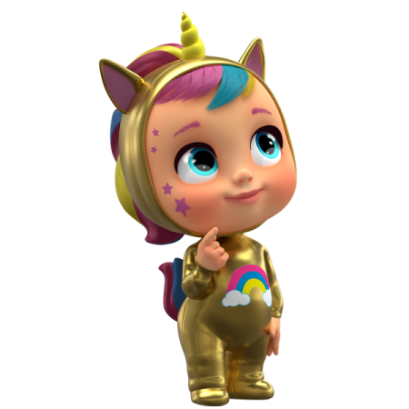 a little girl in a gold outfit and unicorn ears