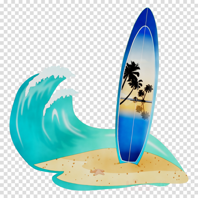 a surfboard on the beach with palm trees in the background