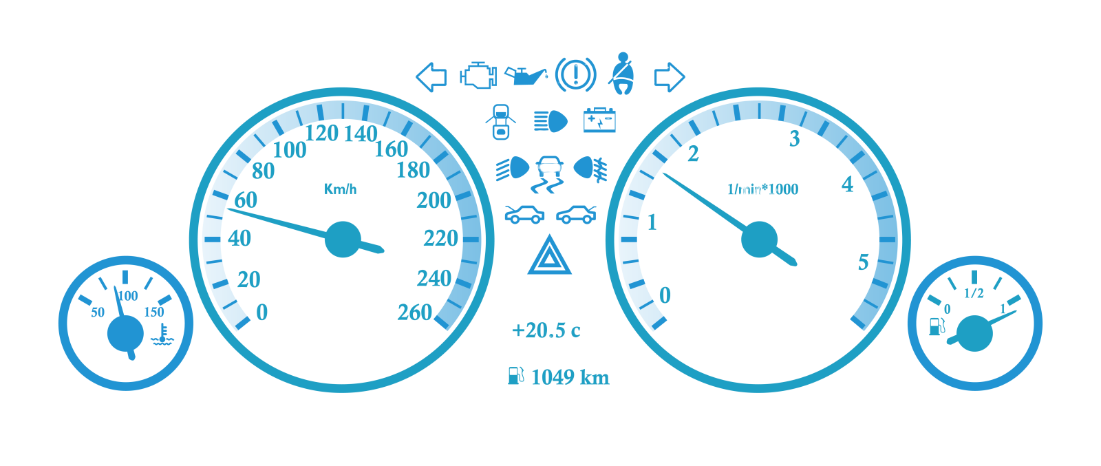 a car dashboard with various gauges and indicators